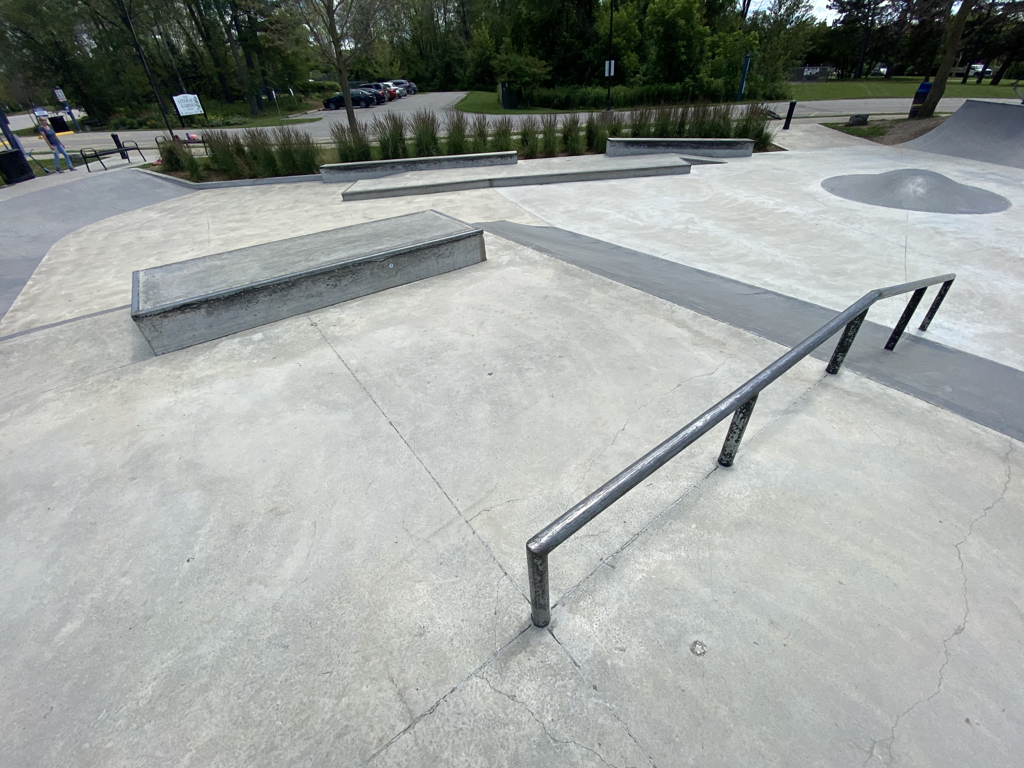 holland landing skatepark from the corner with the across and down rail